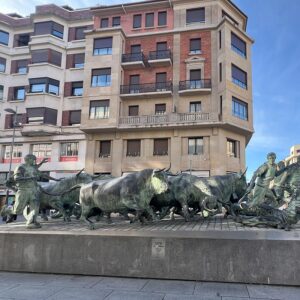 Pamplona bull run statue in Spain's Basque Country